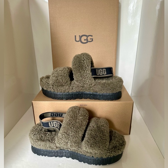 New UGG Sheepskin Army Green Fuzzy Platform Strap Sandals - Picture 5 of 11